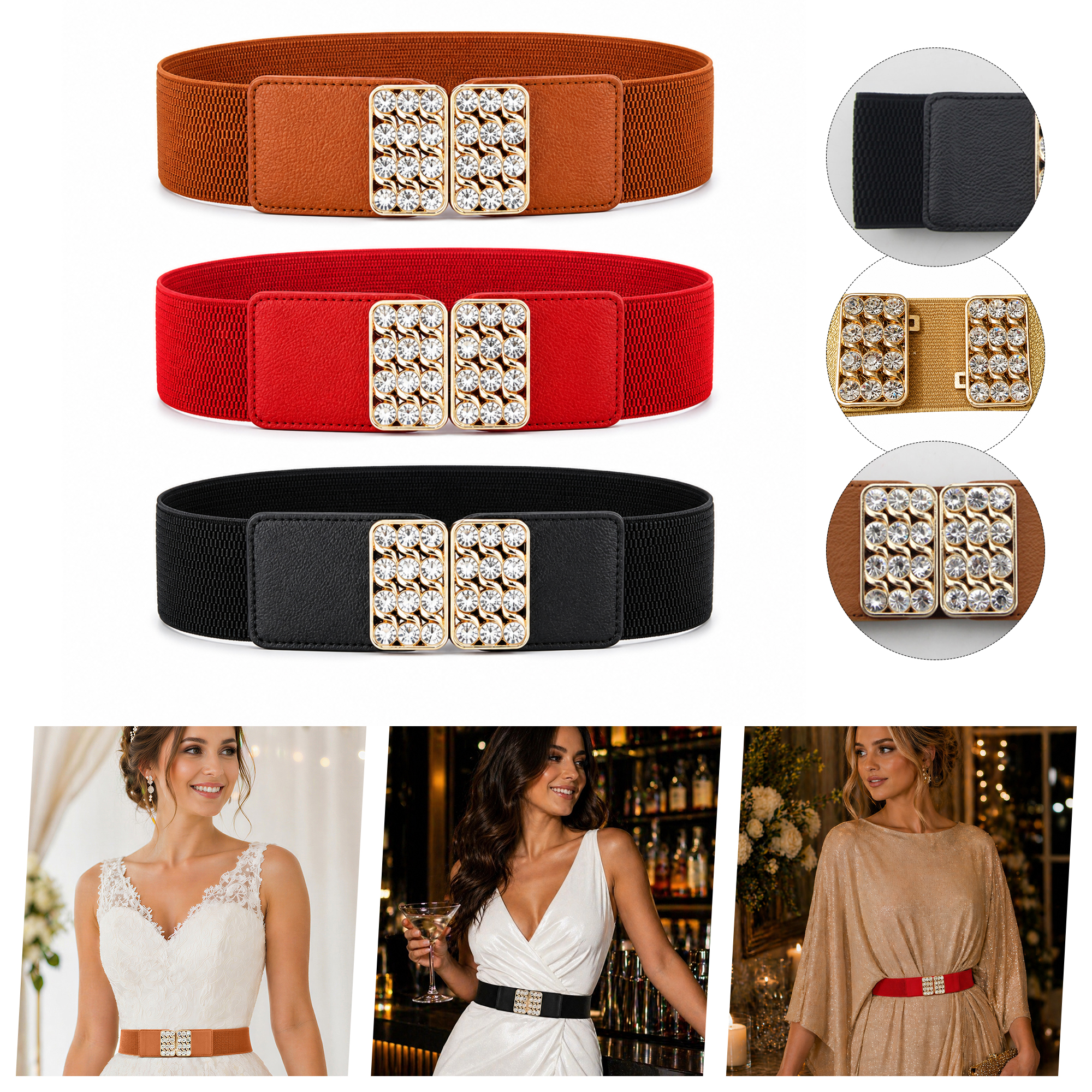 100x Elasticated Belts with Diamante Buckles – 60mm Wide – Mixed Sizes & Colours – Fashion Accessories Bulk Lot