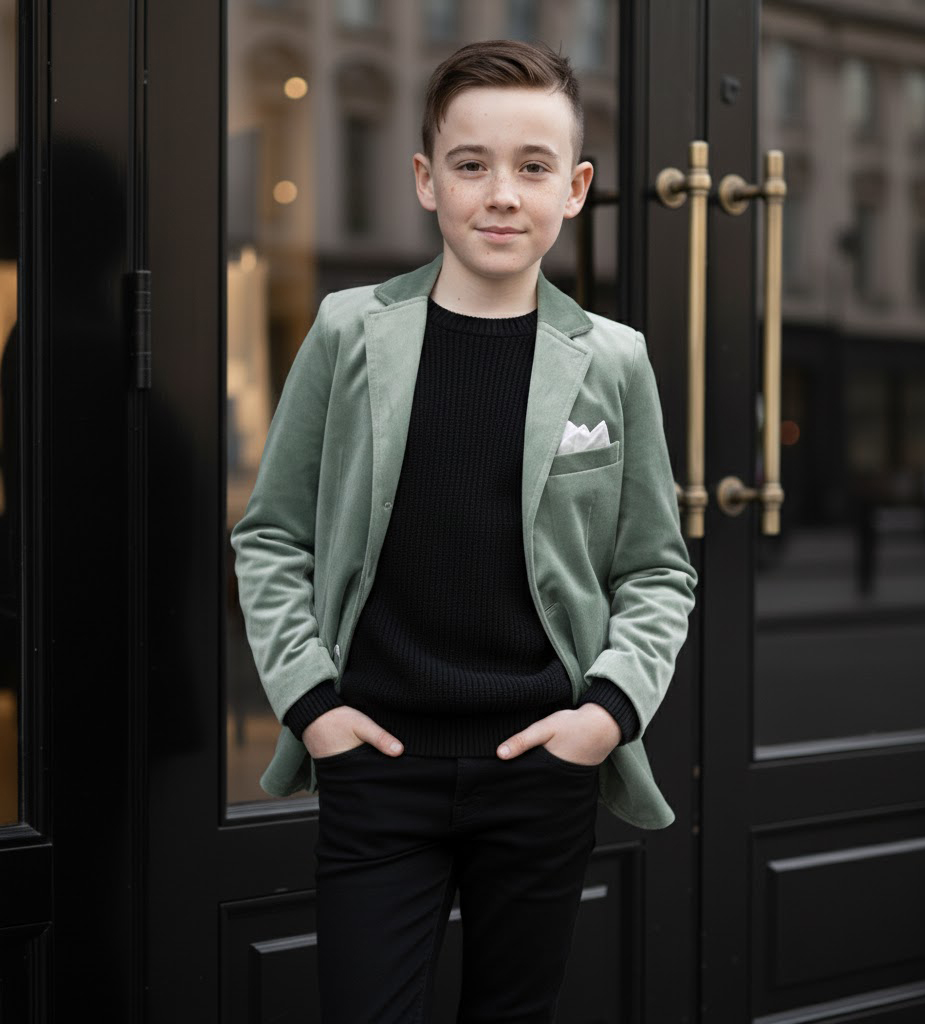 Boys' Green Matte Velvet Blazer casual jacket - Soft, Stylish & Comfortable, Ages 6-12 Years