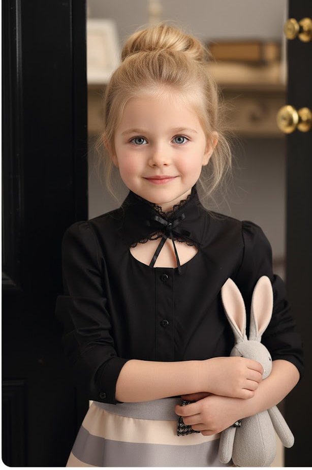 Vintage Girls Lace Collar Blouse Black Cotton Victorian Shirt Elegant Toddler Top Ages 3-5Y
