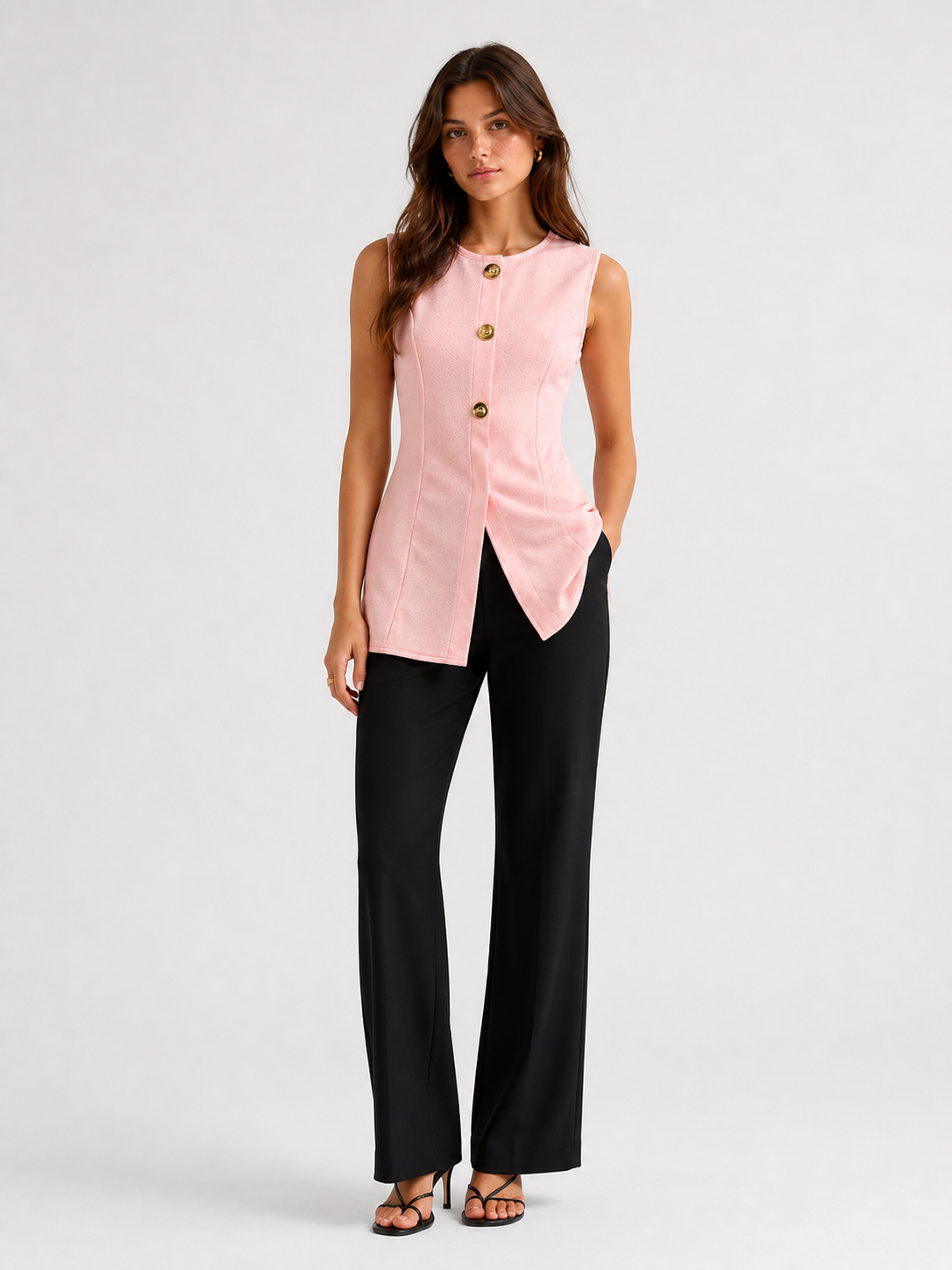 Pink Button Textured Waistcoat – Pastel Pink SIZE 8-20