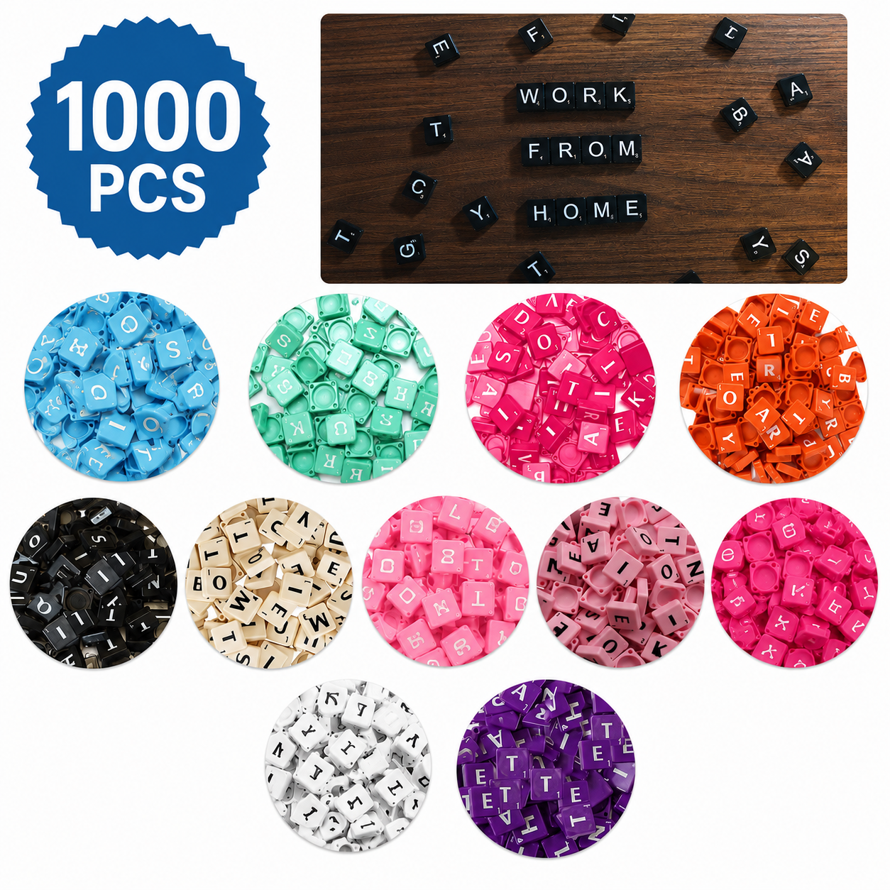 1000x Letter & Number Tiles 19mm Plastic Mixed Colours Craft Game Pieces Job Lot