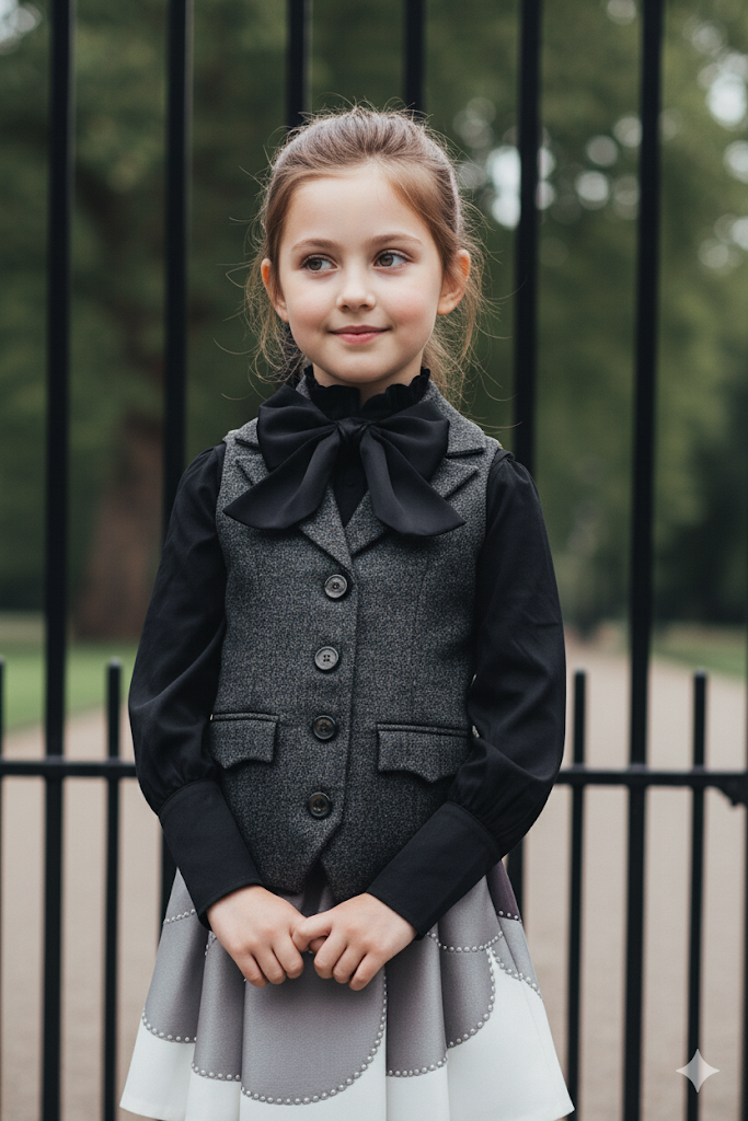 Girls Dark Grey Wool Vest with Bow Tie, Vintage Waistcoat, Ages 3-10Y