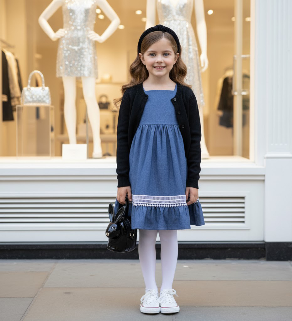 Girls Blue Lace Trim Dress 3-9 Years Sleeveless A Line Denim Style Casual Party Outfit