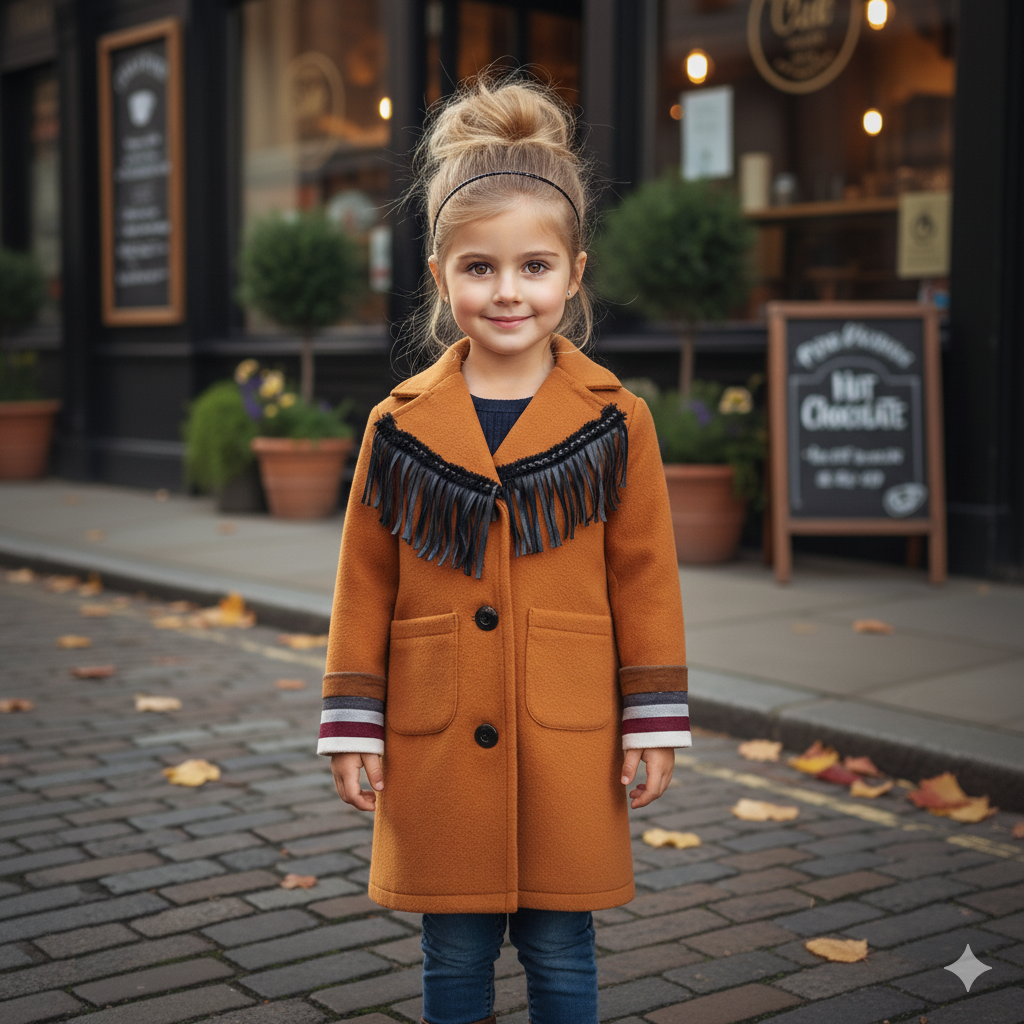 Girls Wool Blend spring/autumn Coat Long Warm Elegant Fringe Overcoat Kids Ages 3-10