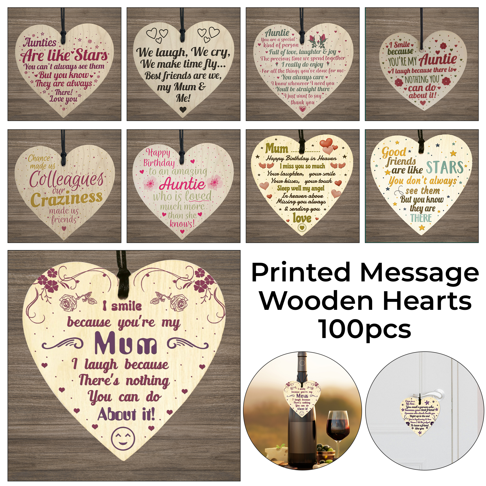 100pc Wooden Hanging Heart Plaque 10cm Gift Tags for Friends Family Colleagues JOBLOT