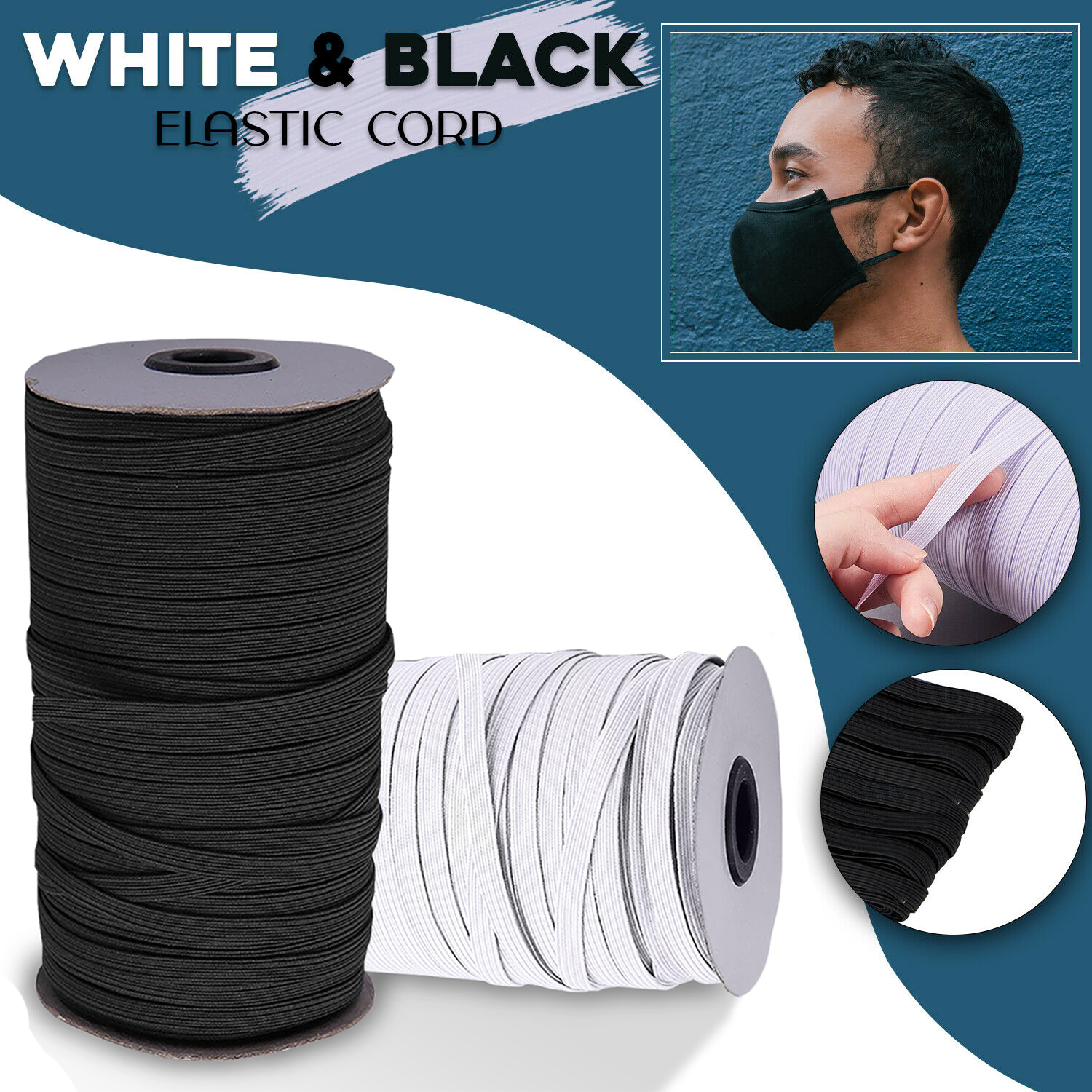 100 Rolls 5mm Flat Elastic Cord Band 25m Braided Stretch Black White Sewing Job Lot