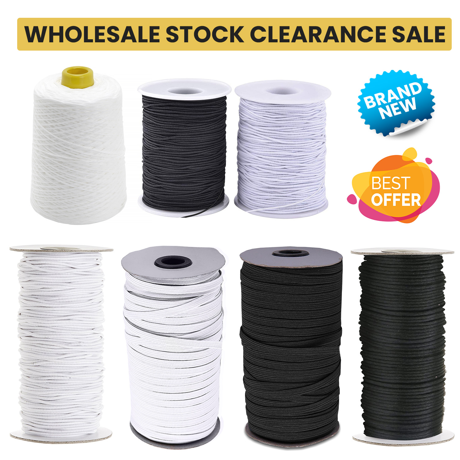 100x Mixed Elastic Rolls 100 Metres Sewing Craft Dressmaking Haberdashery Job Lot