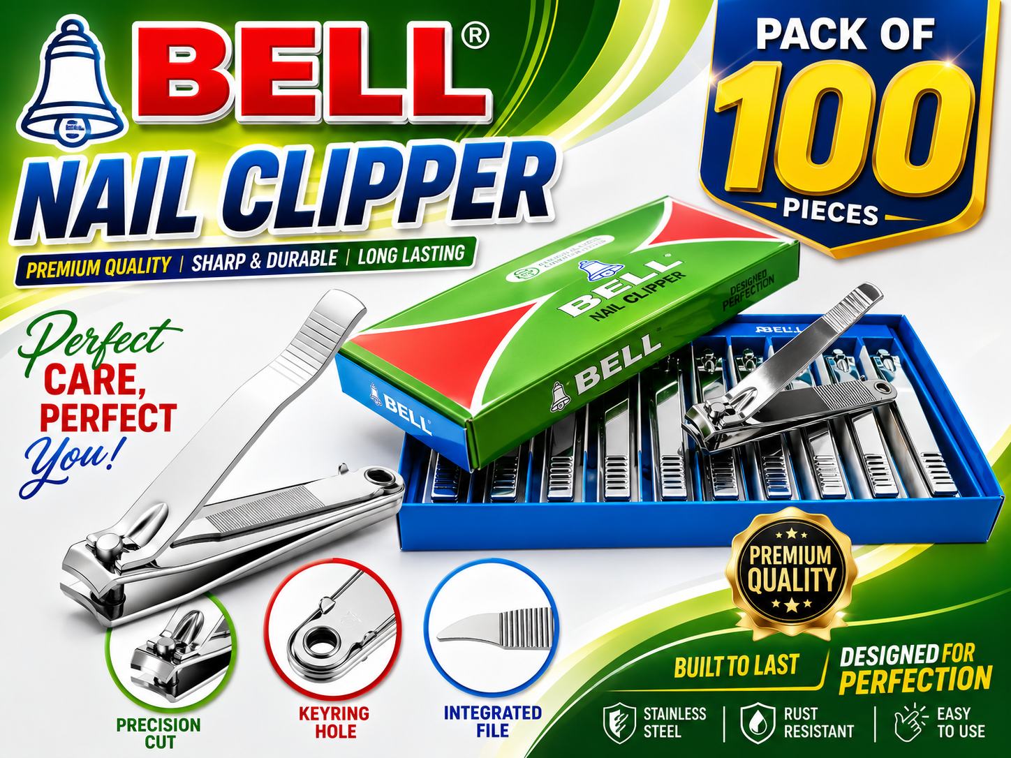 100pcs X BELL Toe Nail Clippers Stainless Steel  Nail Cutters Large Heavy Duty Trimmer Nipper Finger Effortless