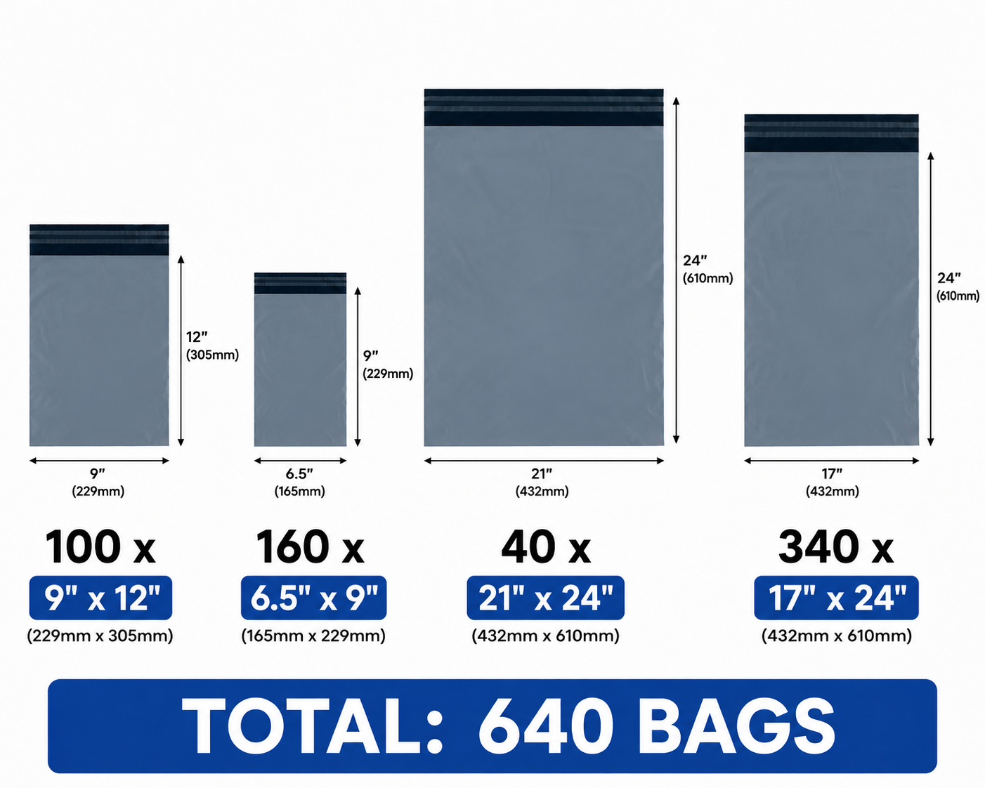 640 Grey Postal Mailing Bags – 4 Sizes – Job Lot
