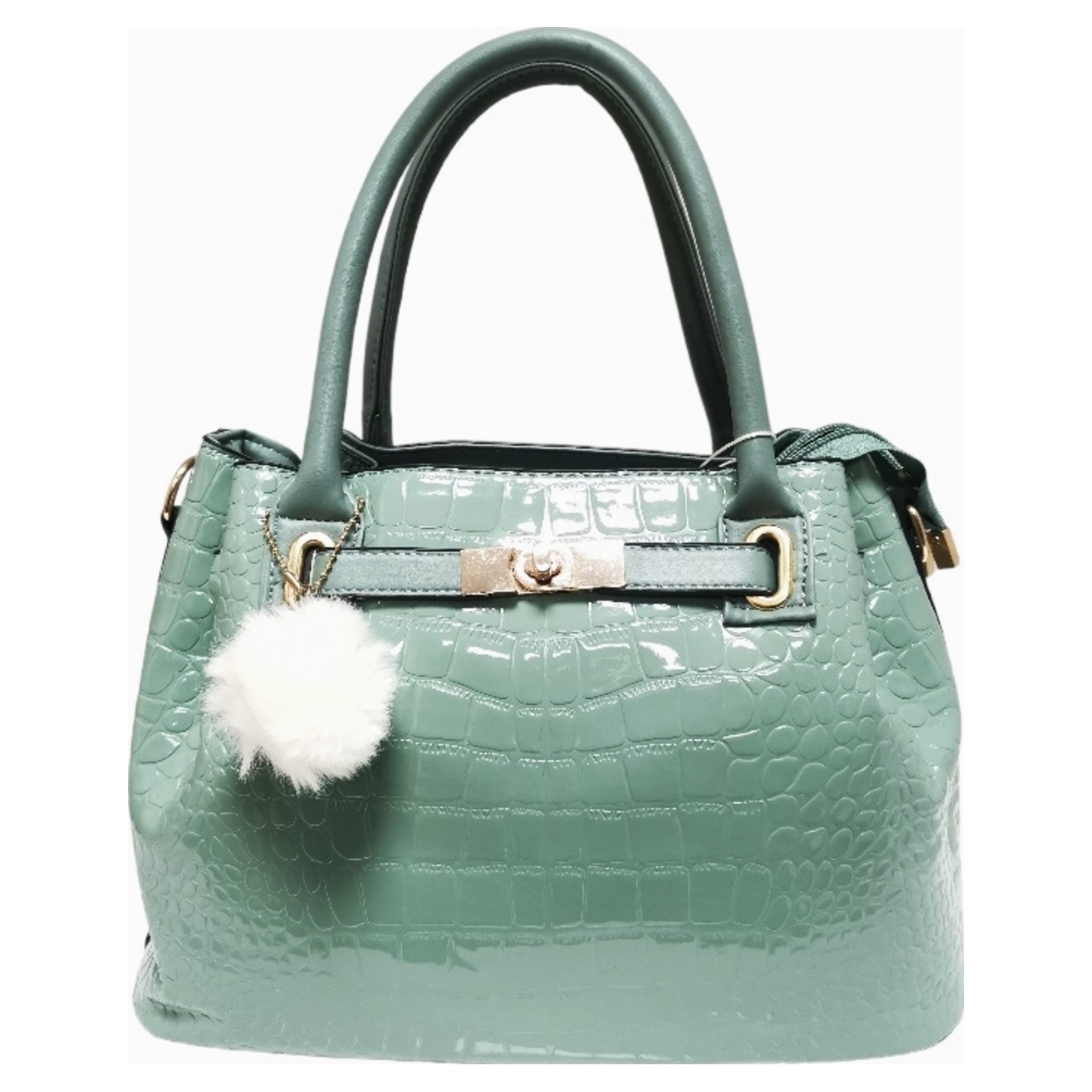 20pcs Mix Colour-Double Zipper Compartment Shiny Croc Gloss Tote Bag with a Pom Pom