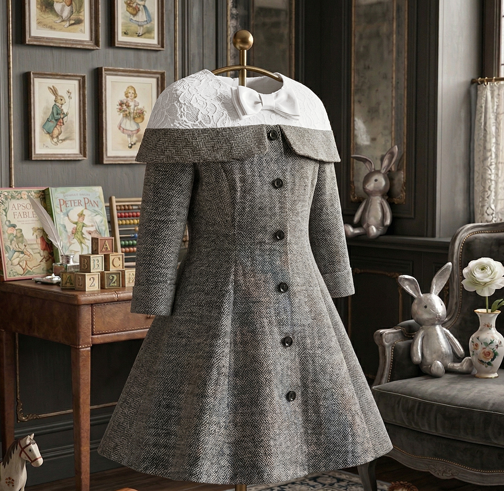 Vintage Style Baby Girl Wool Party Dress, A-Line Mini (4-7Y)