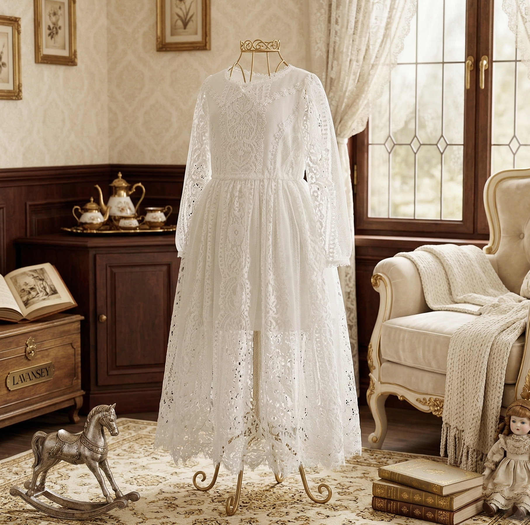 Vintage Snow White Lace Dress - Long Fairy Gown, Hollow Floral Design 2-3Y