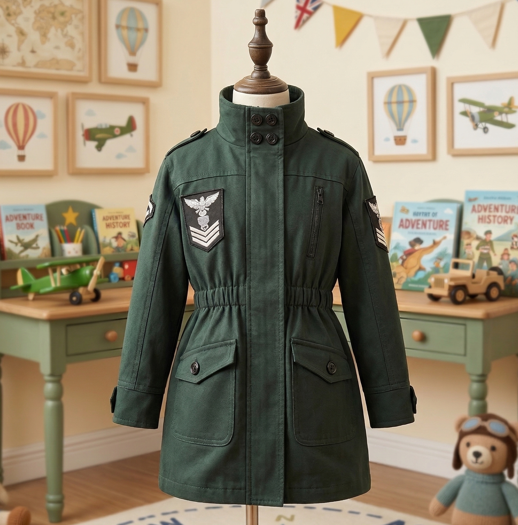Girls Green Trench Coat Vintage Cotton Rain Jacket Kids Clothing Spring Autumn 3-5Y