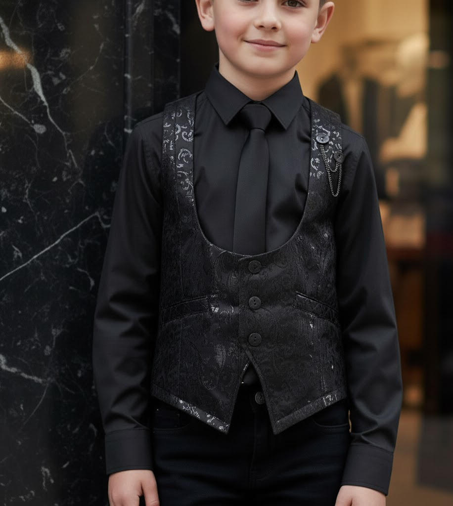 Boys Black Brocade Vest Wedding Waistcoat Ring Bearer Page Boy Formal Party 4-9Y