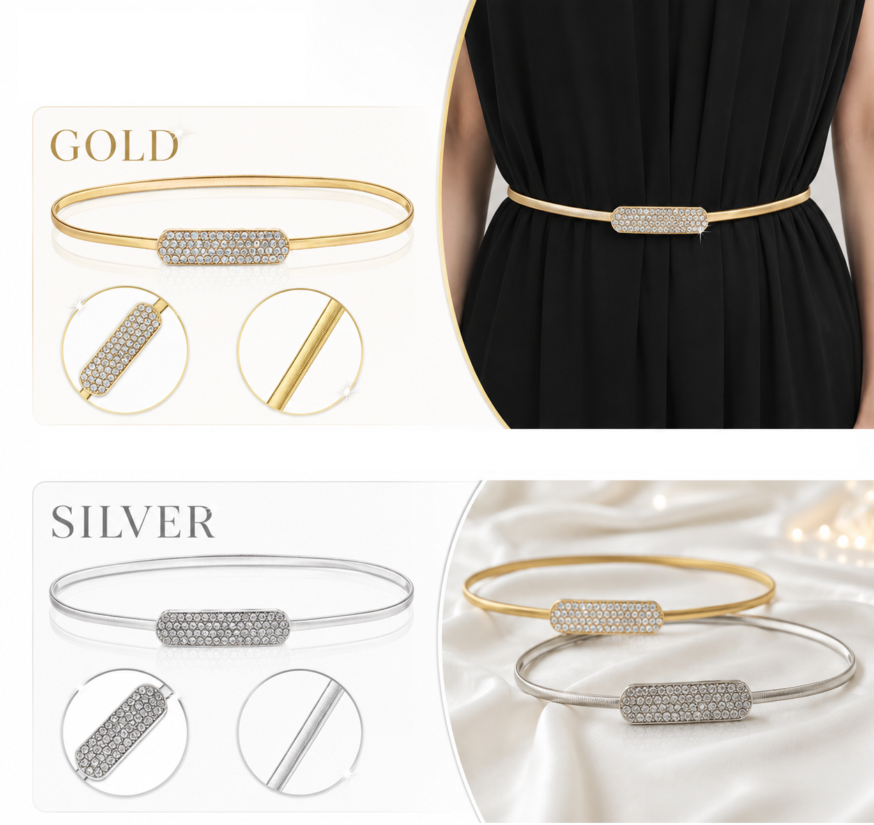 100 Stretch Belts Mixed Sizes Silver & Gold Assorted Women's Fashion Waist Belts Wholesale Bulk Pack