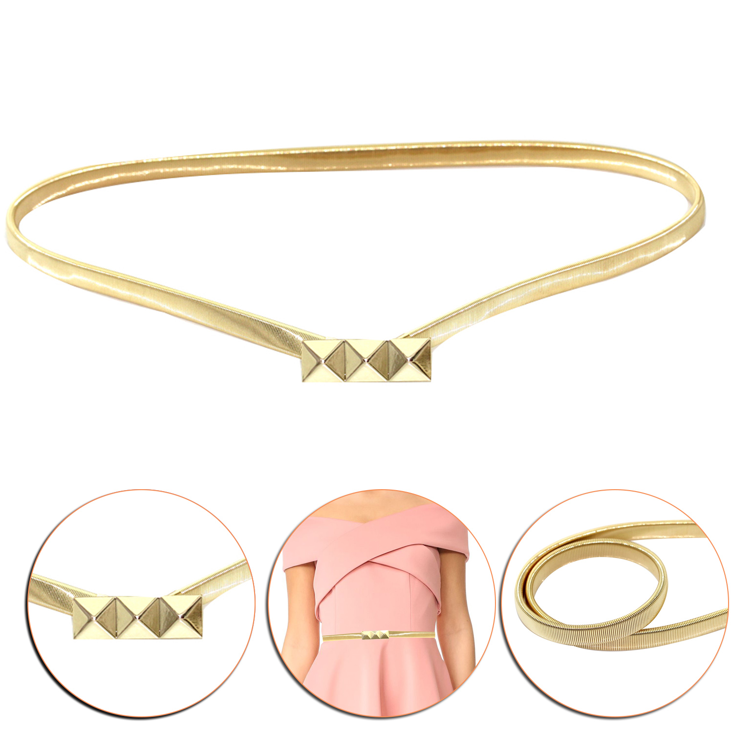 Ladies Gold Stretch Waist Belt with Three Pyramid Buckle Mix Sizes Elastic Dress Fashion Belt