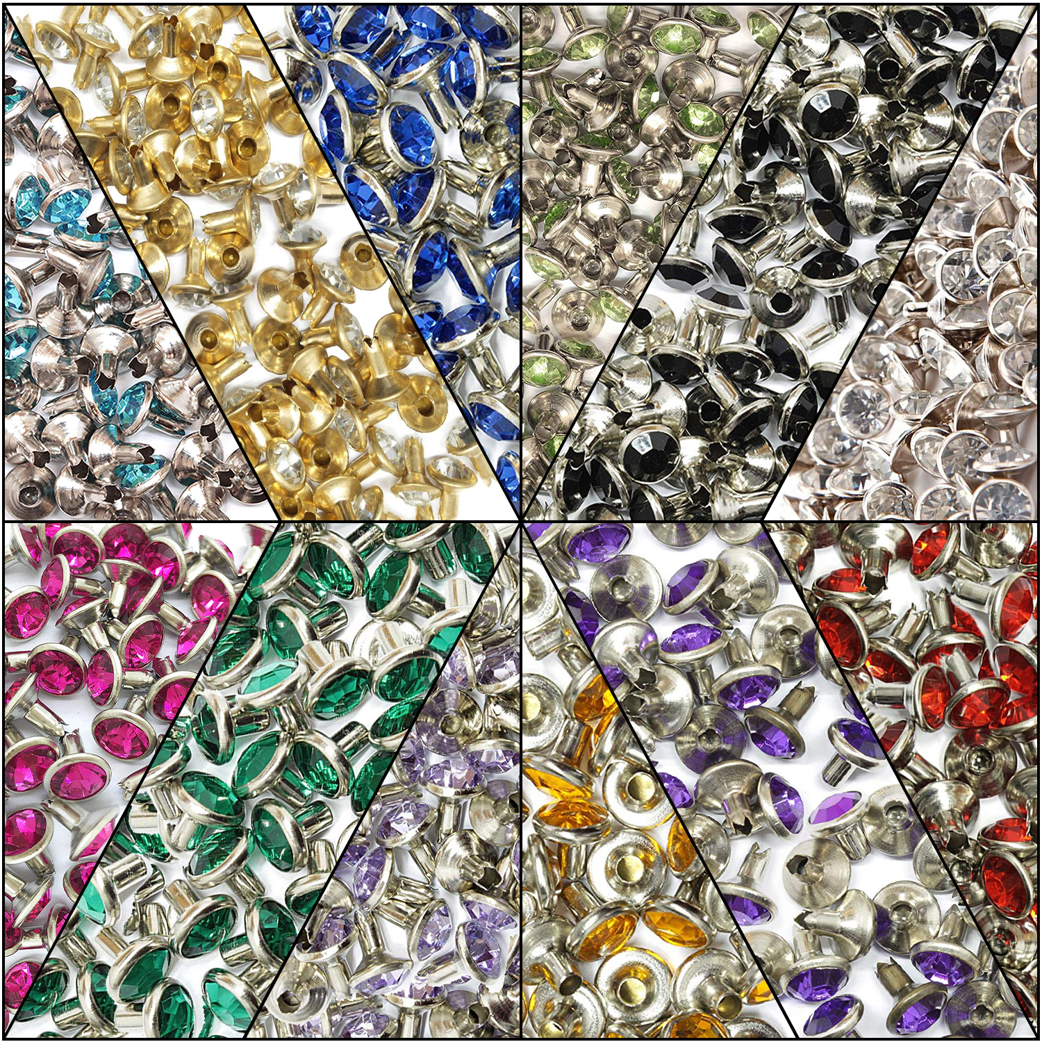 500 Diamante Rivets 10mm Assorted Colours Crystal Studs Leather Craft DIY Repair Embellishment Pack