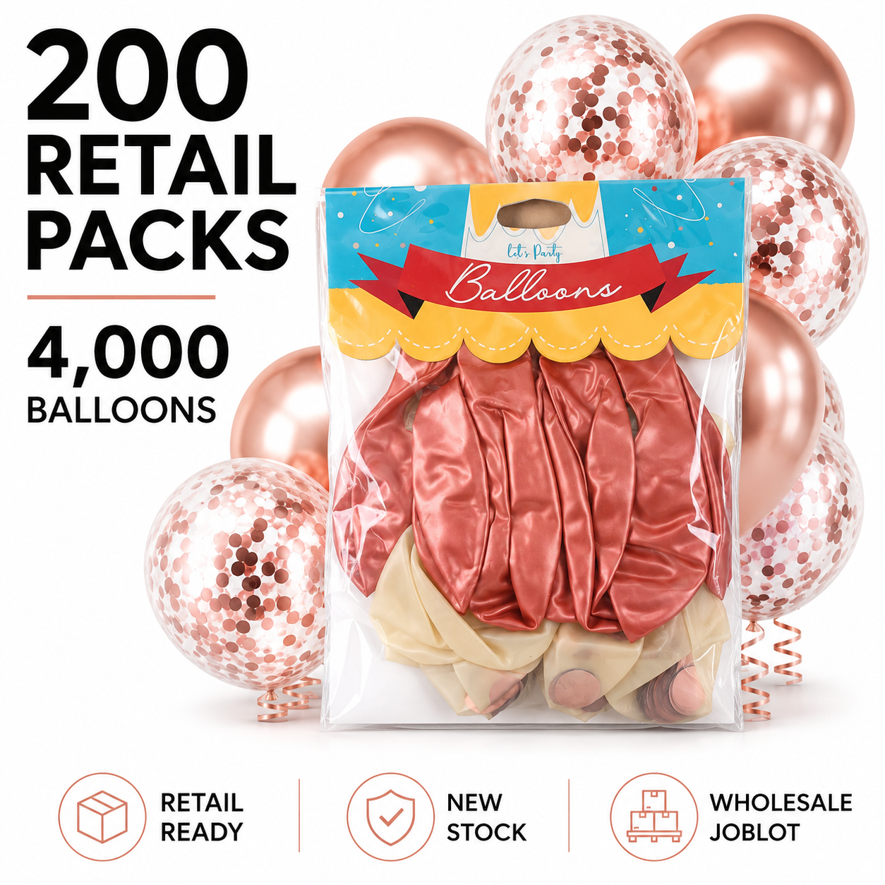 200 Packs Rose Gold Metallic & Confetti Balloons – 4,000 Balloons Wholesale Joblot