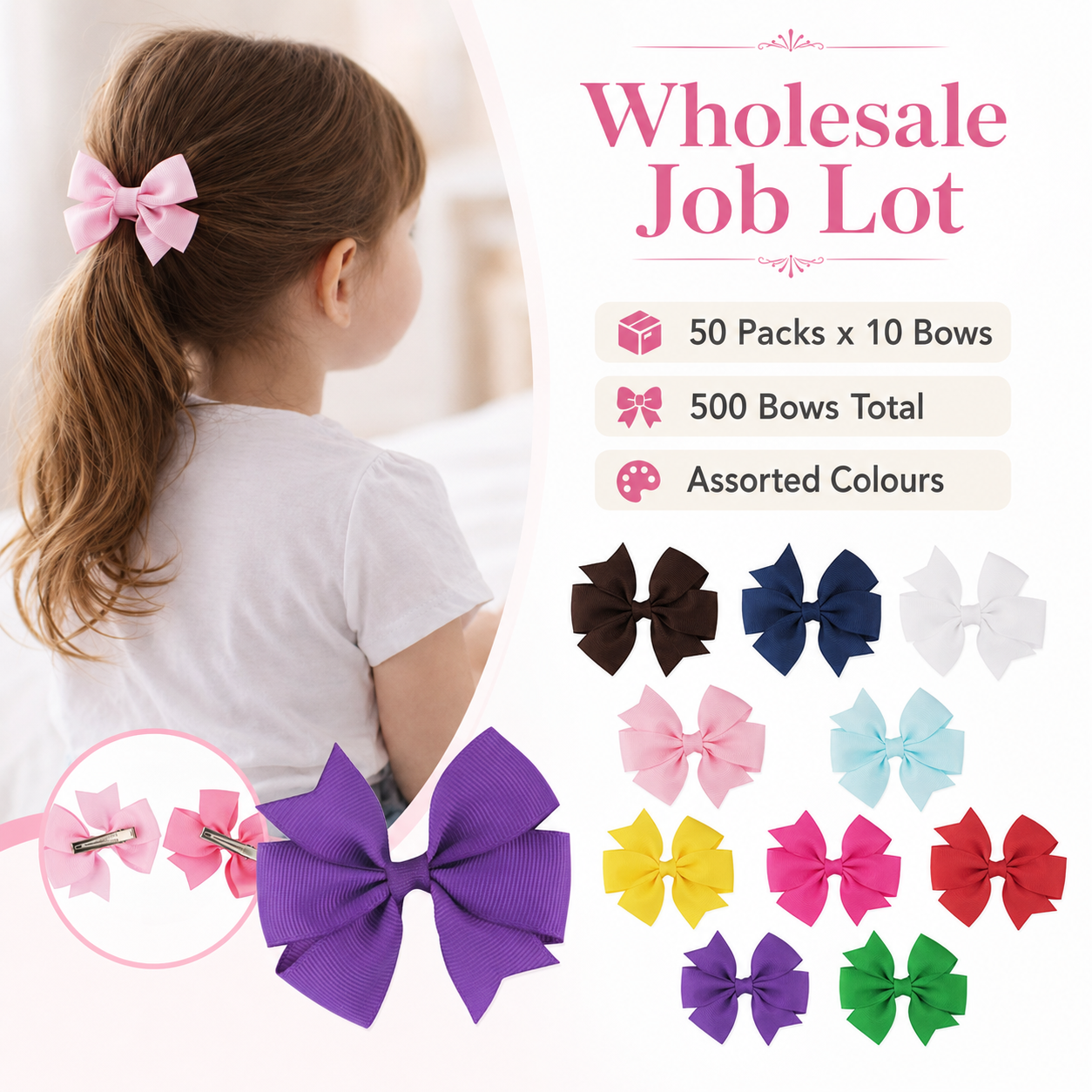 Wholesale Job Lot of 50 Packs of 10 Children's Hair Bow Clips Assorted Colours