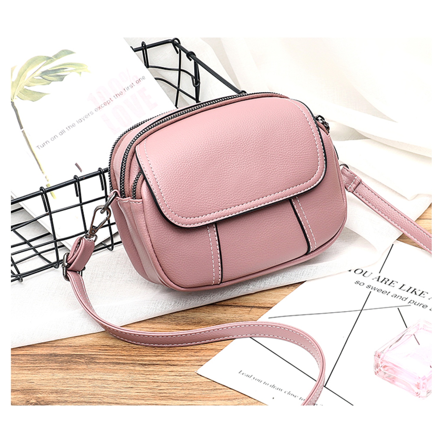 Mix 35 pcs Various Colours-Soft PU Leather Three Zippers Cross Body Bag