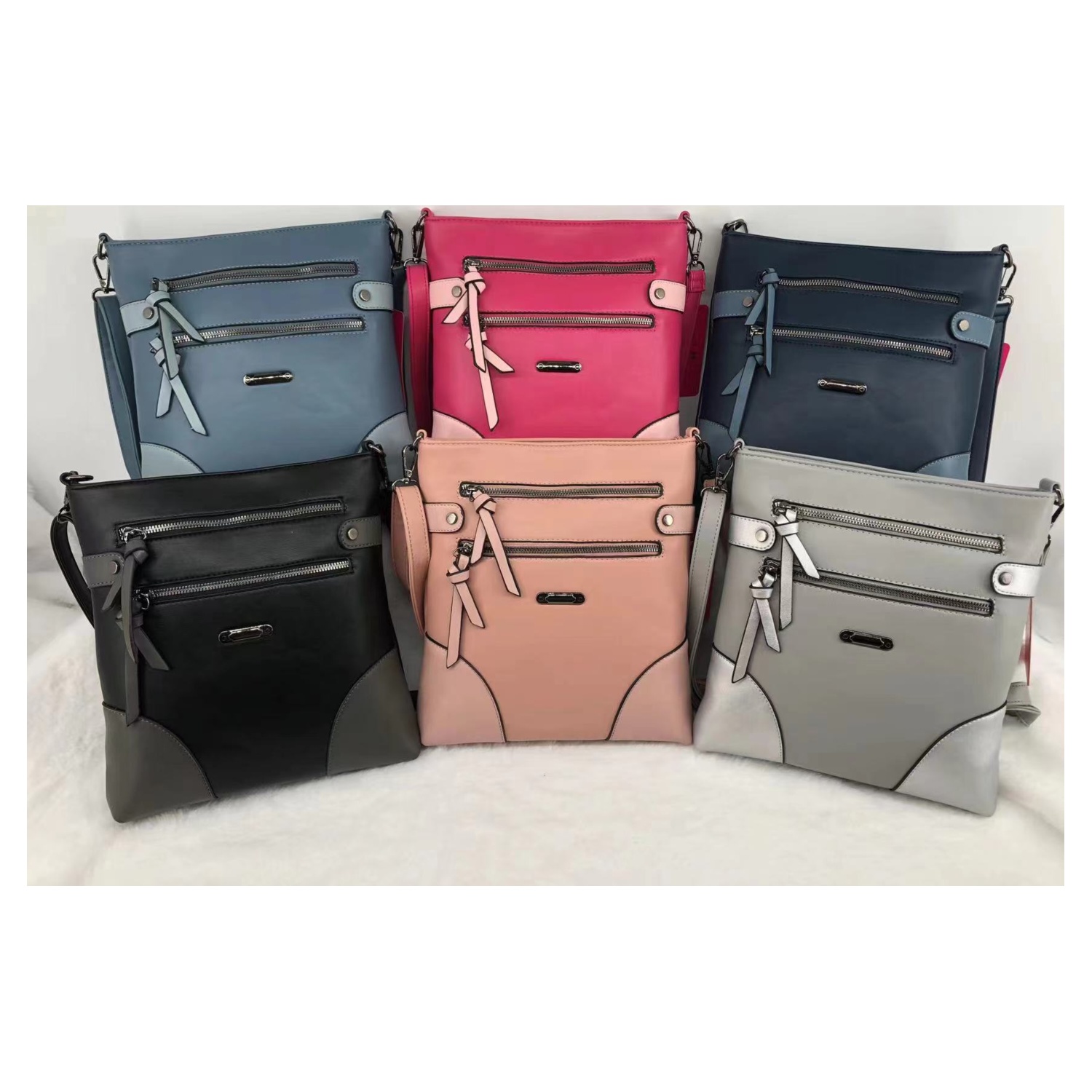 Mix 35 pcs Various Colours -Soft PU Leather Flat Two-toned Pewter Hardware Cross Body Bag
