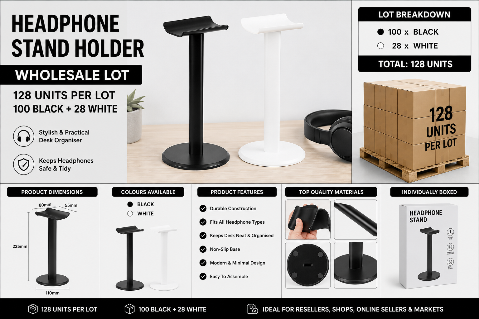 128x Headphone Stand Holders Wholesale Job Lot - 100 Black 28 White Boxed