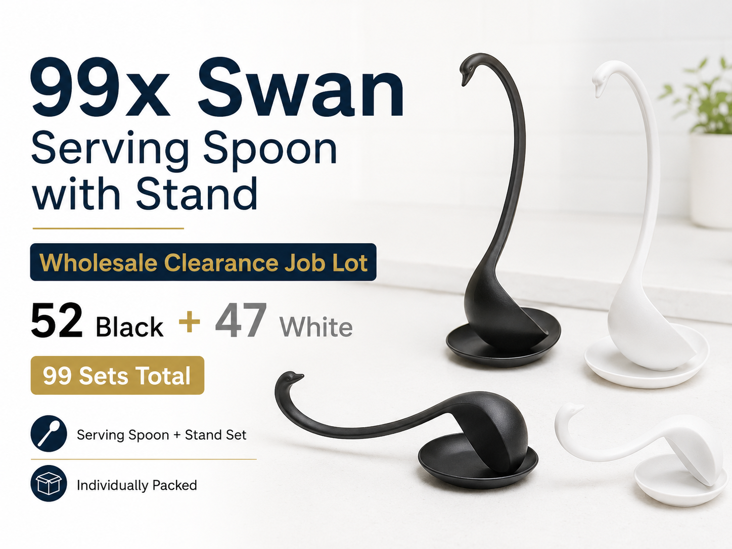 99x Swan Serving Spoons with Stands Wholesale Clearance Job Lot Black White