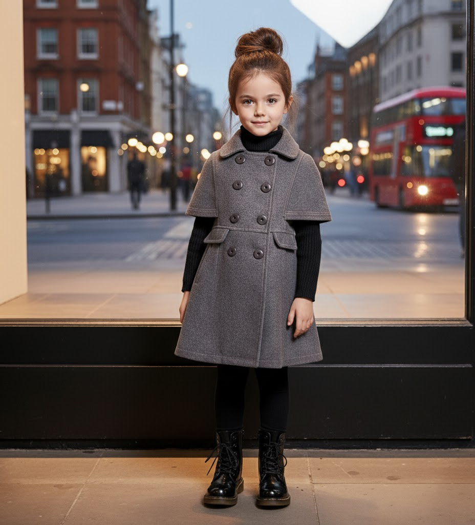 Girls Wool Blend Cape Coat –dark grey Baby Doll Style (3-9 Yrs)