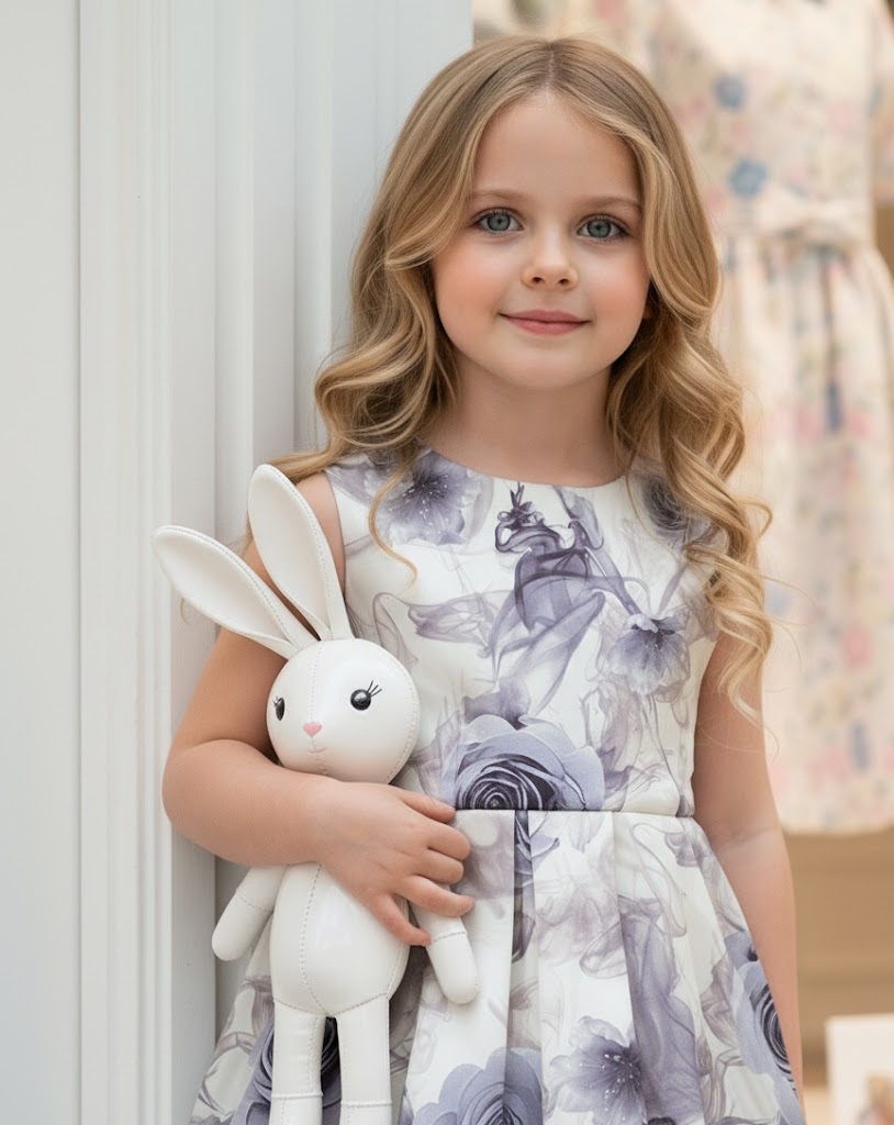 Girls' Smoke Grey Floral Dress: Elegant Bow Party, Ages 3-12