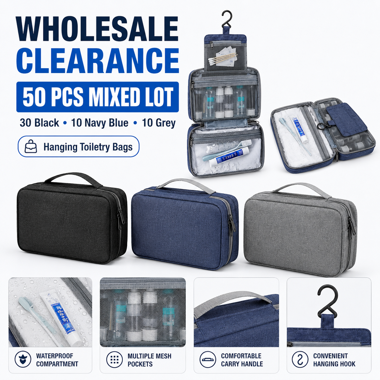 50x Hanging Toiletry Bags Wholesale Clearance Job Lot – 30 Black 10 Navy 10 Grey