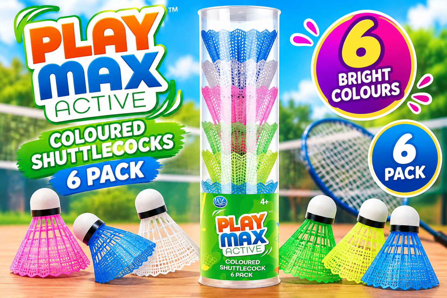 108 Packs of 6 Playmax Active Coloured Shuttlecocks