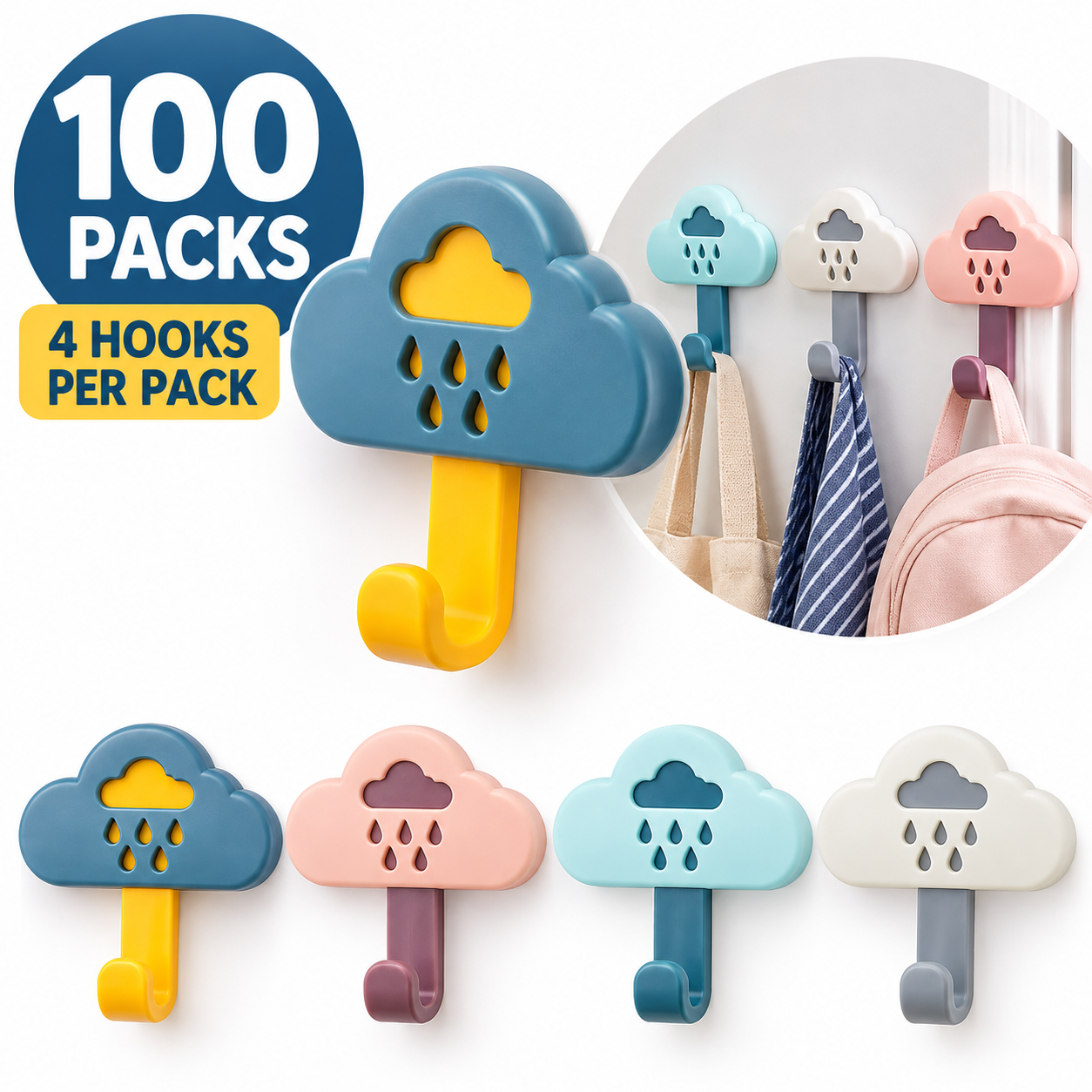 100 x Kids Cloud Wall Hooks 4 Pack Self Adhesive Nursery Bedroom Assorted Colours