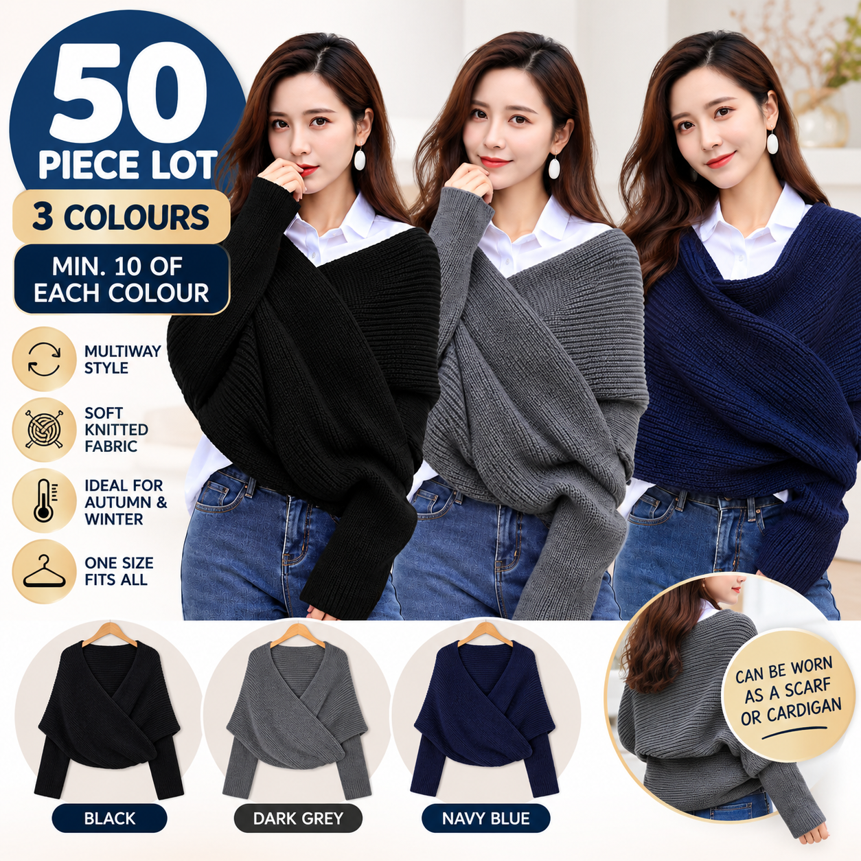 50 x Womens Knitted Wrap Shawl Cardigan with Sleeves Multiway Winter Scarf