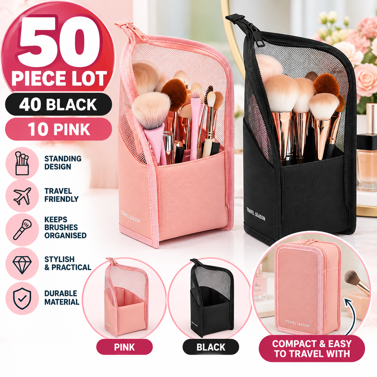 50 x Standing Makeup Brush Organiser Travel Cases Black & Pink Cosmetic Storage