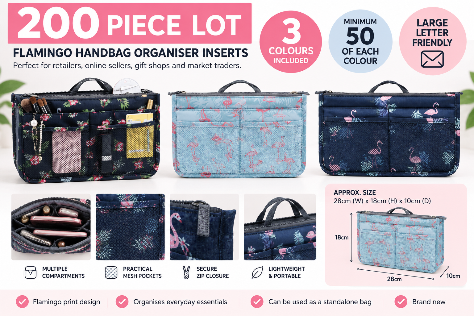 Handbag Organiser Flamingo Inserts Travel Bag Tidy Makeup Storage Pouches x 200