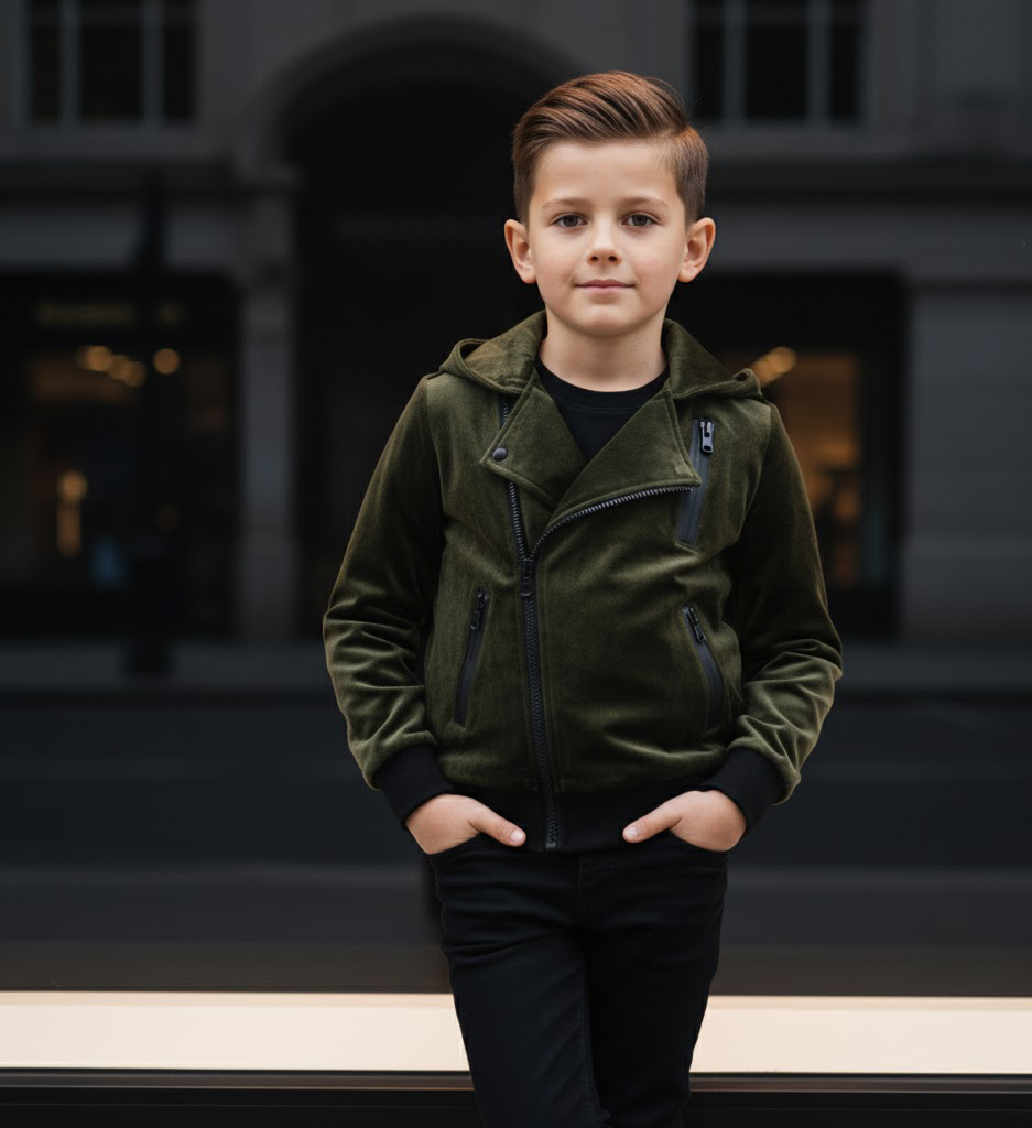 Boys Green Velvet Biker Jacket Casual Spring Autumn Kids Moto Coat 3-7 Years