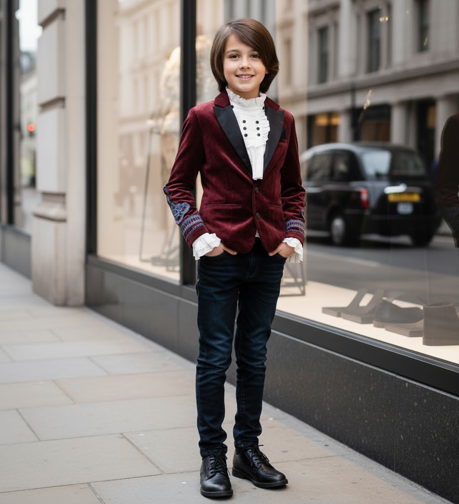 Boys Formal Party Wedding Jacket Dark Red Velvet Blazer Vintage Lace 6-14Y