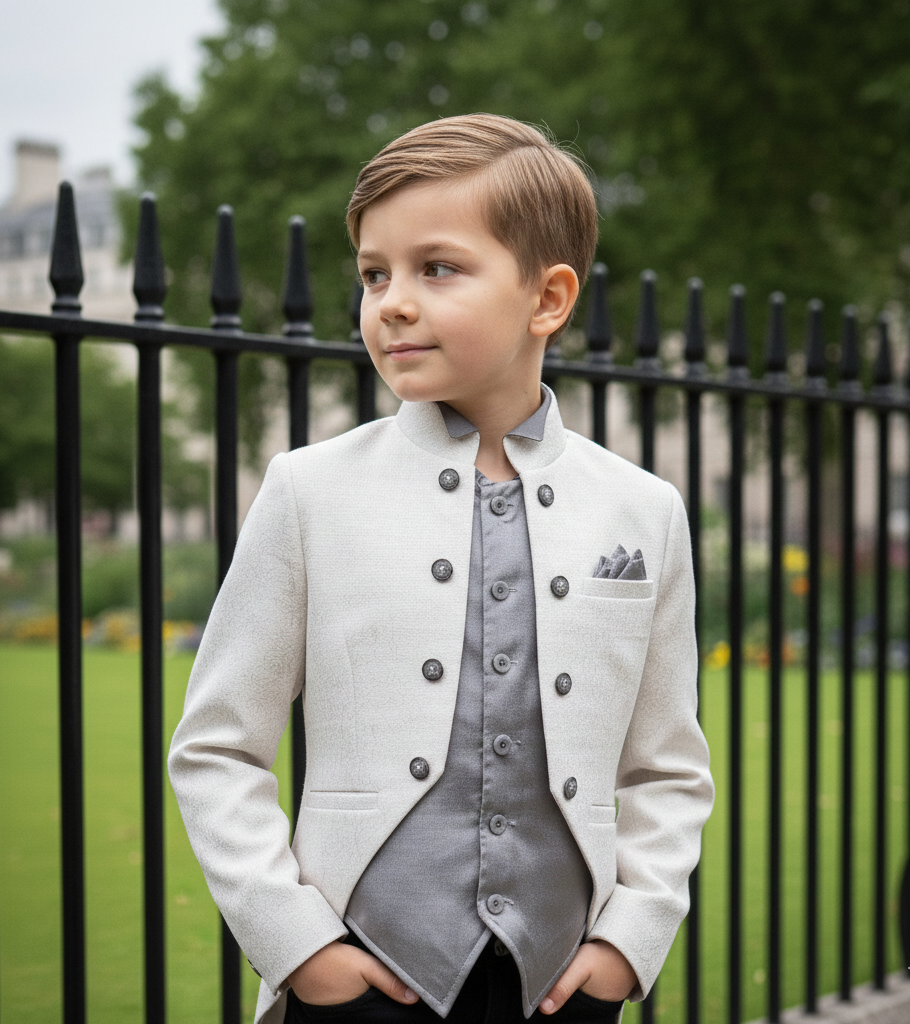 Boys White Satin Formal Party Jacket Slim Fit Tuxedo Blazer Jacquard 4-7 Year