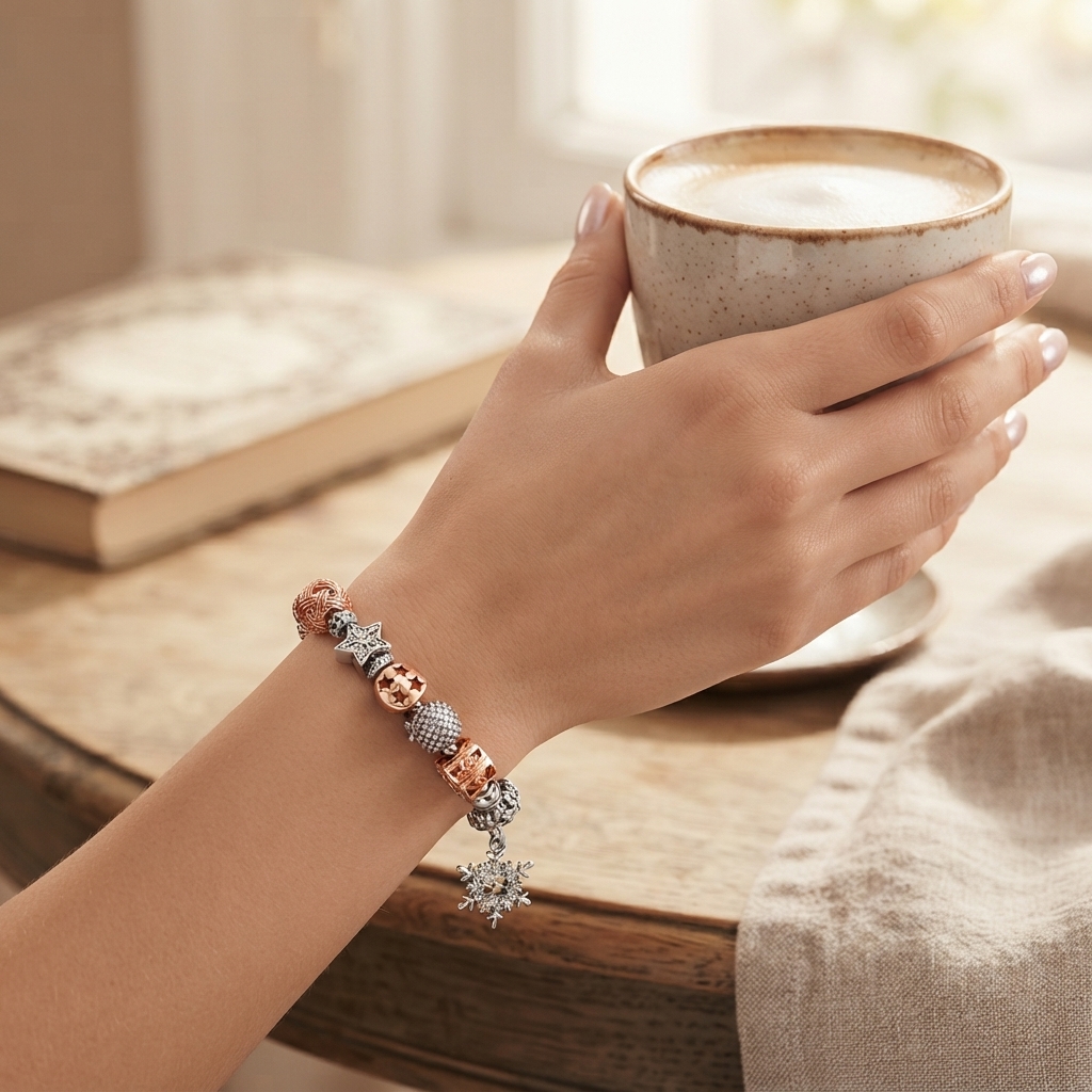 10Sets Charm Bracelet with Silver & Rose Gold Beads, Crystal Snowflake Pendant, and Adjustable Snake Chain for Women and Teens|