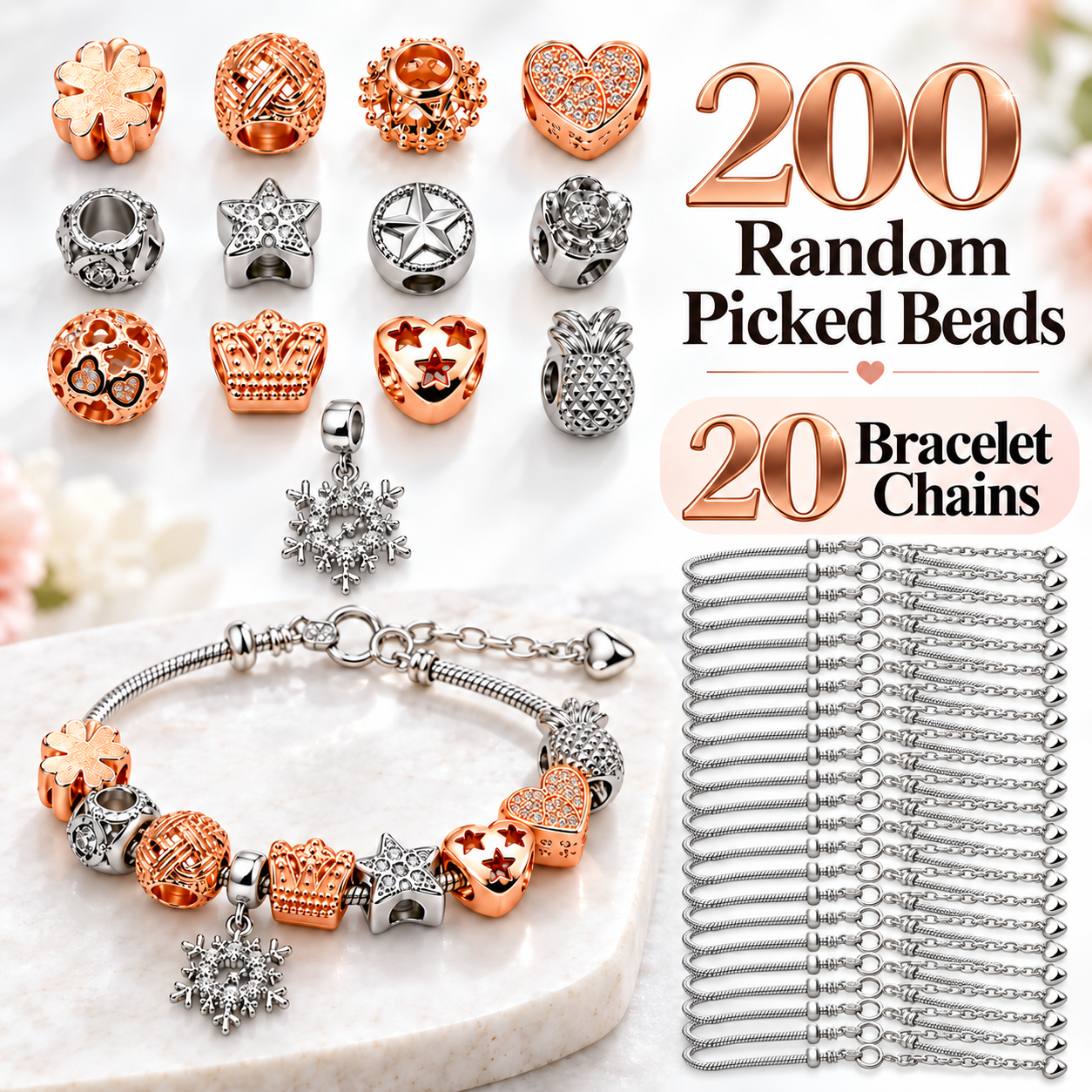 220pc -Random Picked 200 Charm Beads Silver Rosegold Plus 20 Bracelets Chain| GCJ749-Random 200 Beads+20 bracelet