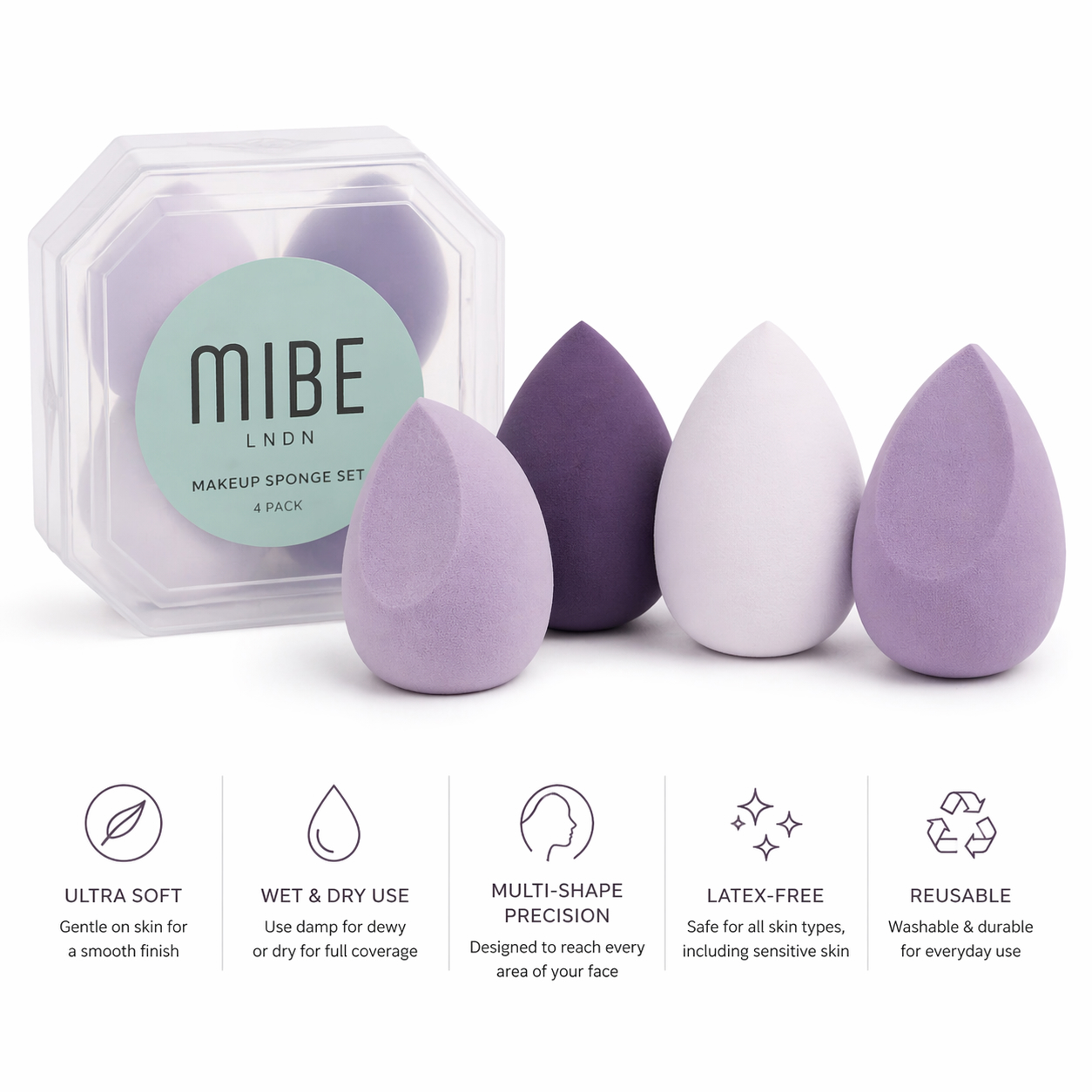 Makeup Sponge Set (4 Pack) – Ultra Soft Beauty Blender Sponges for Foundation, Concealer & Powder – Reusable, Latex-Free, Flawless Blending for Al