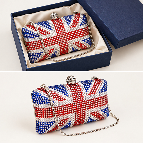 Joblot 4 Union Jack Diamante Crystal Clutch Bags, Silver Chain, Evening Bags