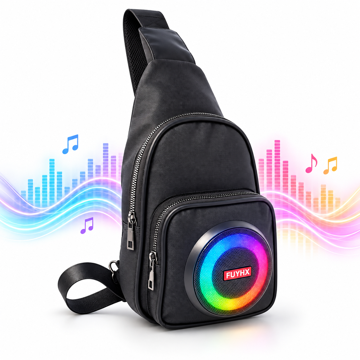 10pc Portable Bluetooth Speaker Crossbody Sling Bag with RGB Lights, Power Bank, FM Radio & USB/TF Player|GCBT058