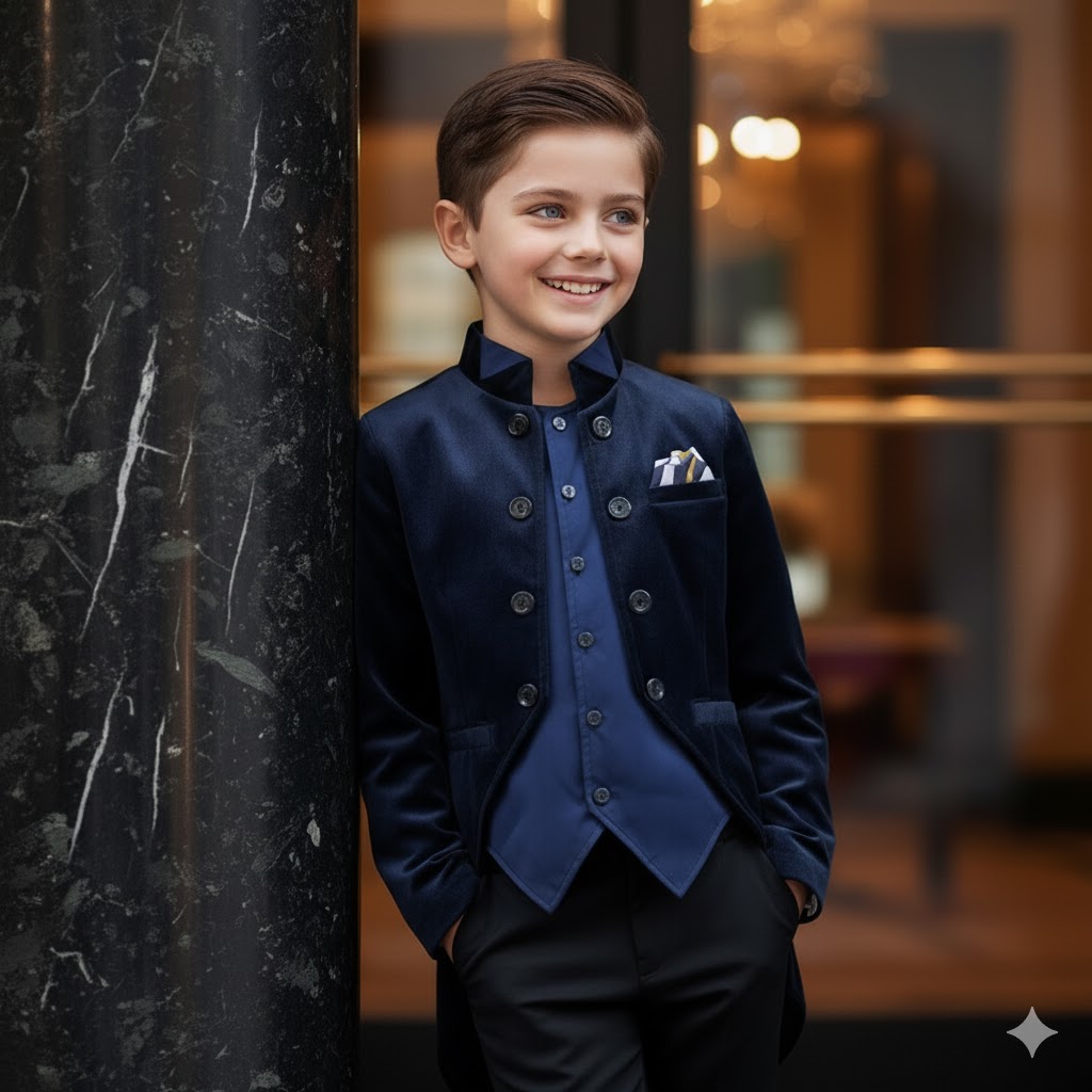 Boys Slim Fit Wedding Party Formal Coat Navy Velvet Blazer Tuxedo Jacket 3-7Y