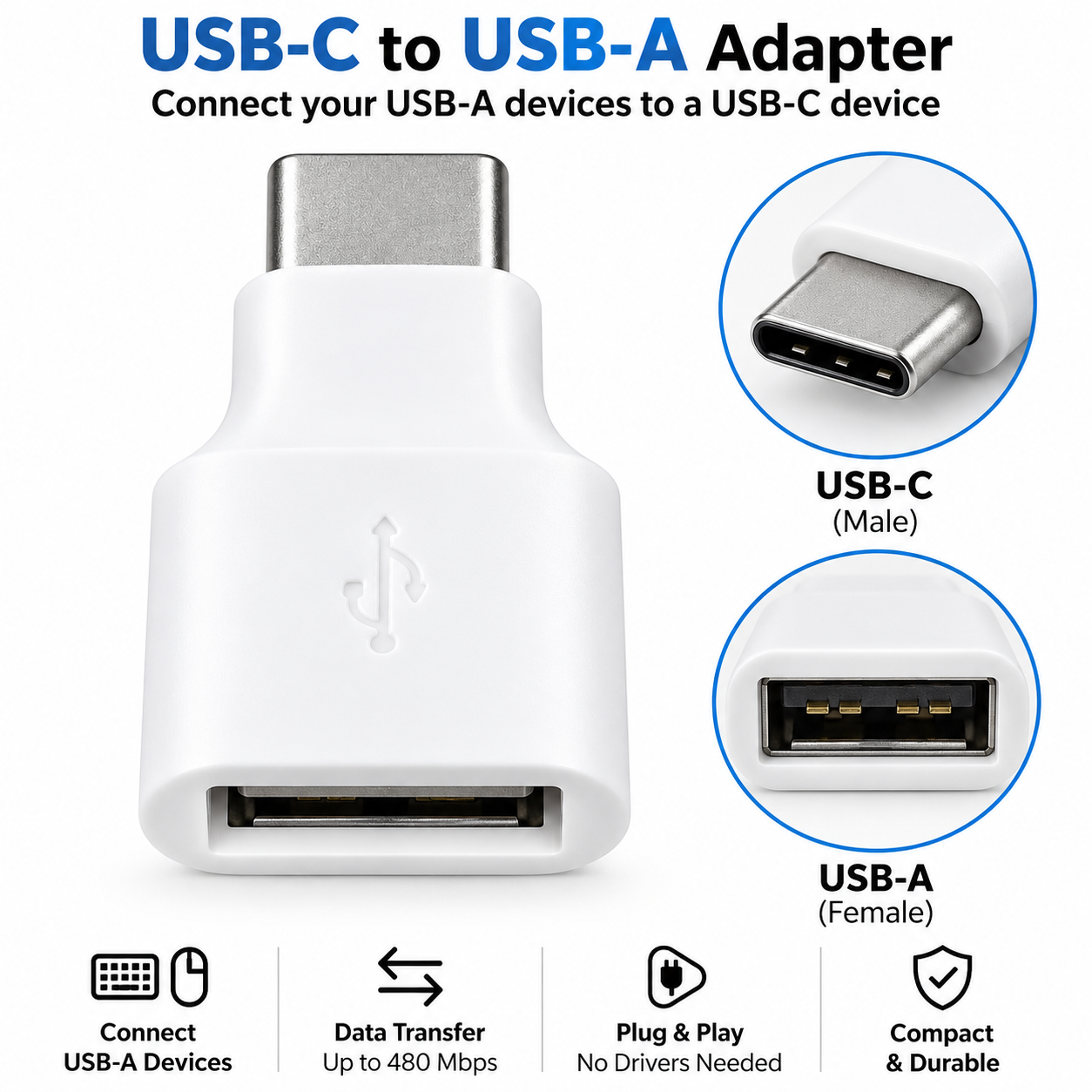 Genuine Google Female USB A To Type C Male OTG Adapter White Connector Universal