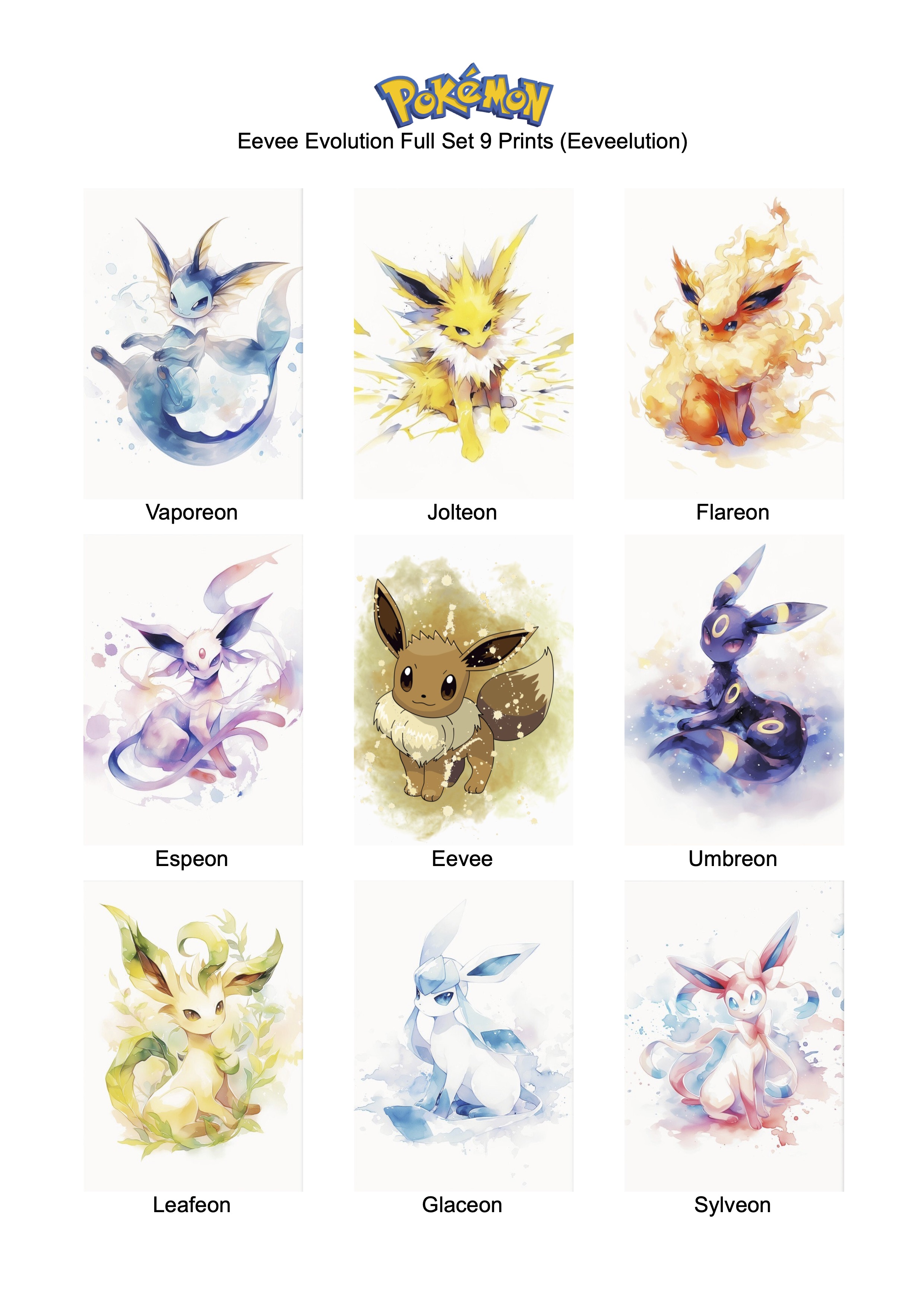 A4 Eeveelution Art Print Set (9 Prints) - Pokemon - 10 Pack Individually Packaged & Ready for Retail