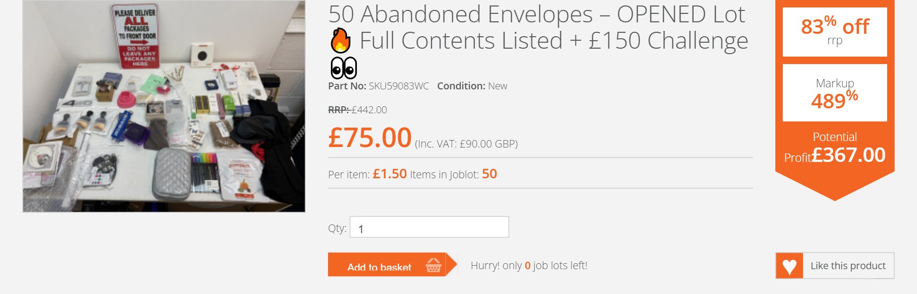 The £150 challenge listing: the opened lot of 50 abandoned envelopes at £75 plus VAT