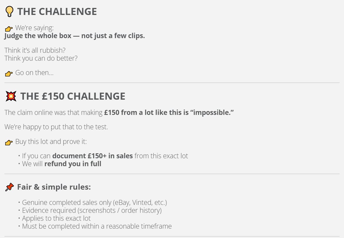 The £150 challenge rules on our listing: document £150 in sales from this exact lot and we refund you in full