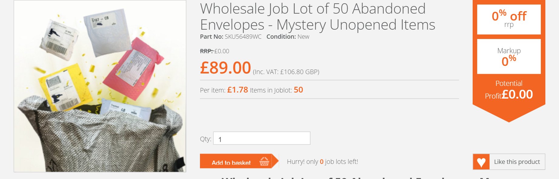 Our sealed abandoned envelopes listing, now showing potential profit as £0.00