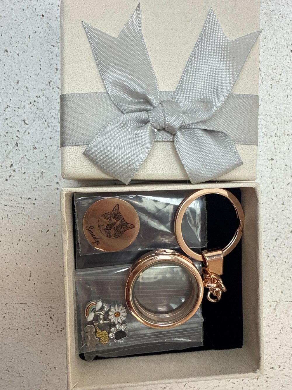 Glass locket keyring with charms found in the abandoned parcels lot